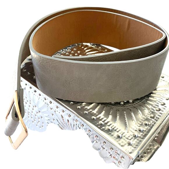 Lulu's NEW Wide Belt Gray Faux Leather Gold Tone Slip Buckle Stylish Womens - Picture 2 of 5